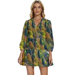 Forest Trees Leaves Fall Autumn Nature Sunshine V-neck Placket Mini Dress by Ravend