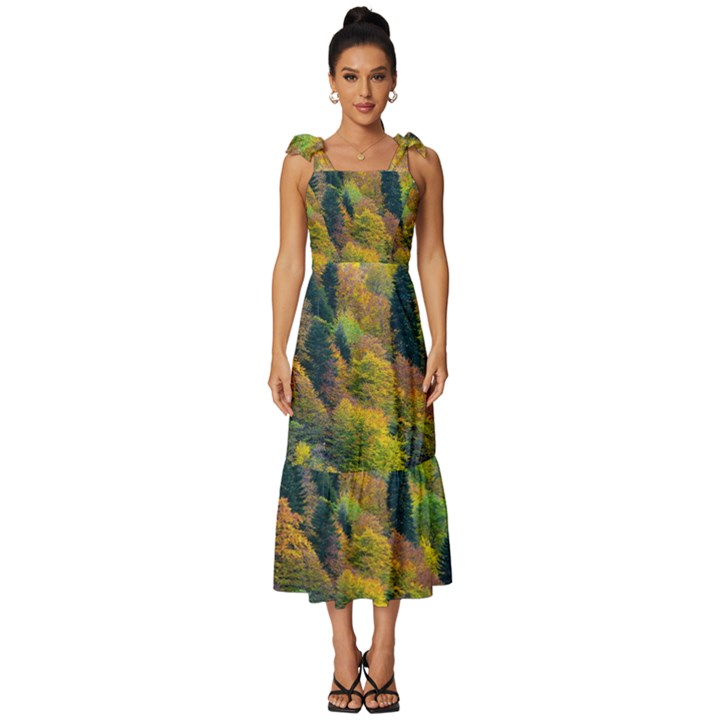 Forest Trees Leaves Fall Autumn Nature Sunshine Tie-Strap Tiered Midi Chiffon Dress