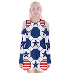 Patriotic Symbolic Red White Blue Velvet Long Sleeve Shoulder Cutout Dress