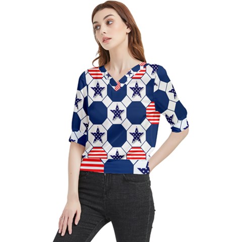 Patriotic Symbolic Red White Blue Quarter Sleeve Blouse by Ravend