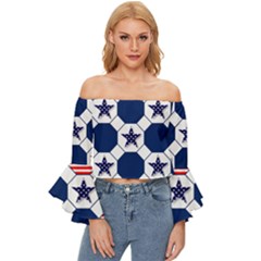 Patriotic Symbolic Red White Blue Off Shoulder Flutter Bell Sleeve Top