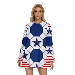 Patriotic Symbolic Red White Blue Round Neck Long Sleeve Bohemian Style Chiffon Mini Dress