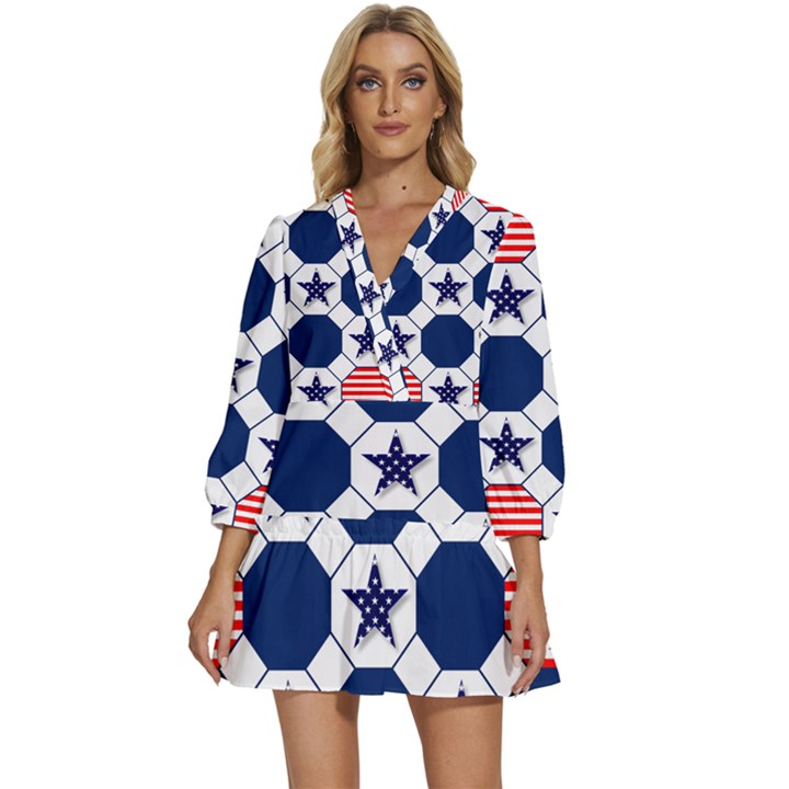 Patriotic Symbolic Red White Blue V-Neck Placket Mini Dress