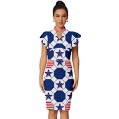 Patriotic Symbolic Red White Blue Vintage Frill Sleeve V-neck Bodycon Dress by Ravend