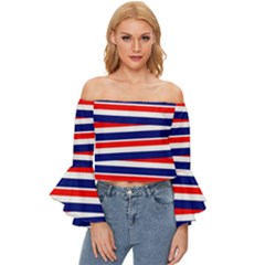 Red-white-blue-patriotic-ribbons Off Shoulder Flutter Bell Sleeve Top