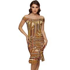 Tuba Valves Pipe Shiny Instrument Music Off Shoulder Ruffle Split Hem Bodycon Dress by Ravend