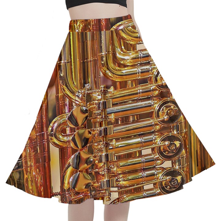 Tuba Valves Pipe Shiny Instrument Music A-Line Full Circle Midi Skirt With Pocket