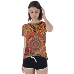 Bright Seamless Pattern With Paisley Mehndi Elements Hand Drawn Wallpaper With Floral Traditional In Short Sleeve Open Back T-shirt by Ket1n9