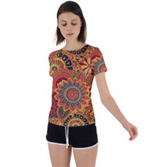 Bright Seamless Pattern With Paisley Mehndi Elements Hand Drawn Wallpaper With Floral Traditional In Back Circle Cutout Sports T-shirt by Ket1n9