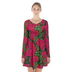 Seamless Pattern With Colorful Bush Roses Long Sleeve Velvet V-neck Dress