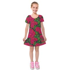 Seamless Pattern With Colorful Bush Roses Kids  Short Sleeve Velvet Dress