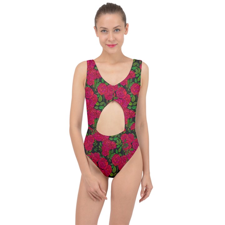 Seamless Pattern With Colorful Bush Roses Center Cut Out Swimsuit