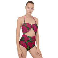 Seamless Pattern With Colorful Bush Roses Scallop Top Cut Out Swimsuit by Ket1n9