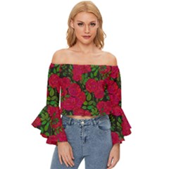 Seamless Pattern With Colorful Bush Roses Off Shoulder Flutter Bell Sleeve Top