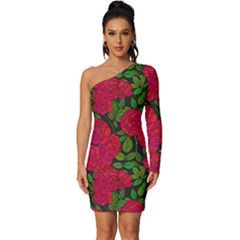 Seamless Pattern With Colorful Bush Roses Long Sleeve One Shoulder Mini Dress by Ket1n9