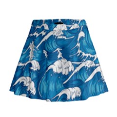 Storm Waves Seamless Pattern Raging Ocean Water Sea Wave Vintage Japanese Storms Print Illustration Mini Flare Skirt by Ket1n9