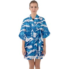 Storm Waves Seamless Pattern Raging Ocean Water Sea Wave Vintage Japanese Storms Print Illustration Half Sleeve Satin Kimono  by Ket1n9