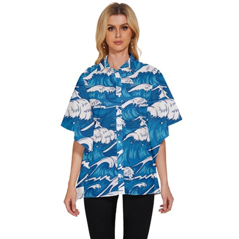 Storm Waves Seamless Pattern Raging Ocean Water Sea Wave Vintage Japanese Storms Print Illustration Women s Batwing Button Up Shirt by Ket1n9