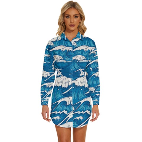 Storm Waves Seamless Pattern Raging Ocean Water Sea Wave Vintage Japanese Storms Print Illustration Womens Long Sleeve Shirt Dress by Ket1n9