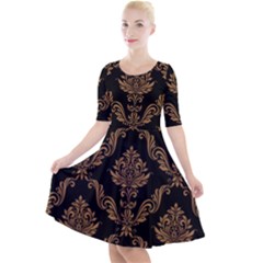 Vintage-pattern Quarter Sleeve A-line Dress With Pockets