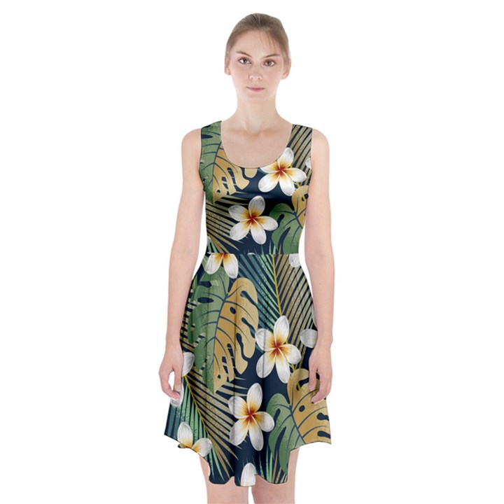 Seamless Pattern With Tropical Strelitzia Flowers Leaves Exotic Background Racerback Midi Dress