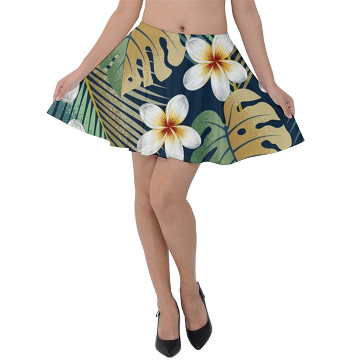 Seamless Pattern With Tropical Strelitzia Flowers Leaves Exotic Background Velvet Skater Skirt