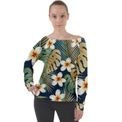 Seamless Pattern With Tropical Strelitzia Flowers Leaves Exotic Background Off Shoulder Long Sleeve Velour Top by Ket1n9