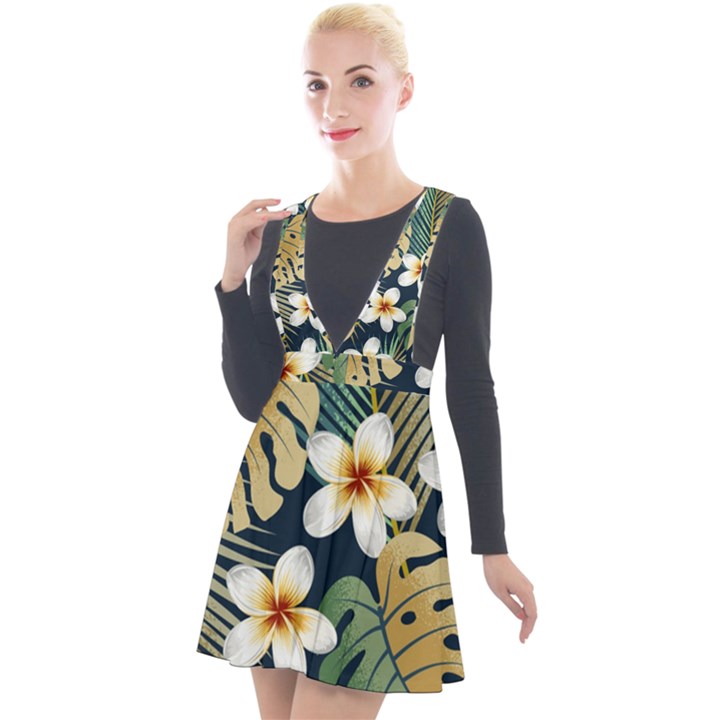 Seamless Pattern With Tropical Strelitzia Flowers Leaves Exotic Background Plunge Pinafore Velour Dress