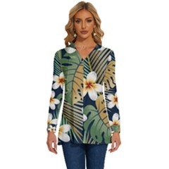 Seamless Pattern With Tropical Strelitzia Flowers Leaves Exotic Background Long Sleeve Drawstring Hooded Top by Ket1n9