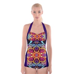 Lila Floral Blume Boyleg Halter Swimsuit  by 2607694c