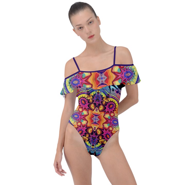 Lila floral blume Frill Detail One Piece Swimsuit