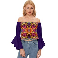 Lila Floral Blume Off Shoulder Flutter Bell Sleeve Top