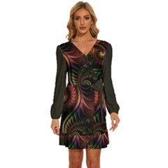 Fractal 1 Long Sleeve Waist Tie Ruffle Velvet Dress