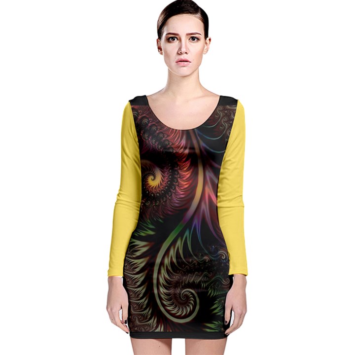 Gelb Fractal Long Sleeve Bodycon Dress