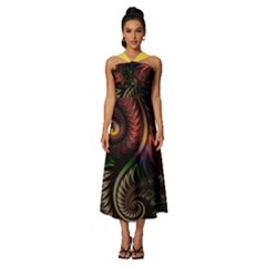 Gelb Fractal Sleeveless Cross Front Cocktail Midi Chiffon Dress