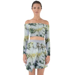 Enchanting Foliage Sharp Edged Leaves In Pale Yellow And Silver Bk Off Shoulder Top With Skirt Set by dflcprintsclothing