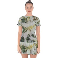 Enchanting Foliage Sharp Edged Leaves In Pale Yellow And Silver Bk Drop Hem Mini Chiffon Dress by dflcprintsclothing