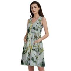 Enchanting Foliage Sharp Edged Leaves In Pale Yellow And Silver Bk Sleeveless Dress With Pocket by dflcprintsclothing