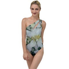 Enchanting Foliage Sharp Edged Leaves In Pale Yellow And Silver Bk To One Side Swimsuit by dflcprintsclothing