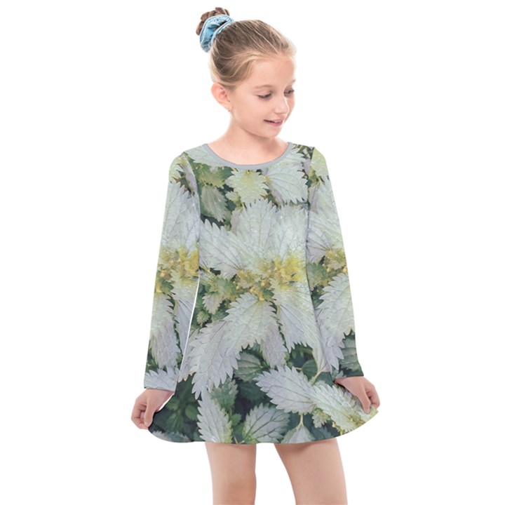 Enchanting Foliage Sharp Edged Leaves In Pale Yellow And Silver Bk Kids  Long Sleeve Dress