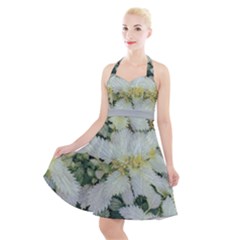 Enchanting Foliage Sharp Edged Leaves In Pale Yellow And Silver Bk Halter Party Swing Dress  by dflcprintsclothing