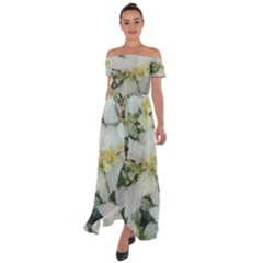 Enchanting Foliage Sharp Edged Leaves In Pale Yellow And Silver Bk Off Shoulder Open Front Chiffon Dress by dflcprintsclothing