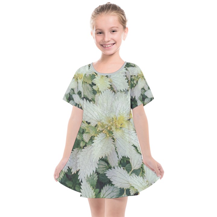 Enchanting Foliage Sharp Edged Leaves In Pale Yellow And Silver Bk Kids  Smock Dress