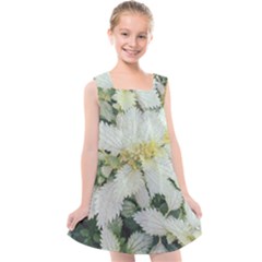 Enchanting Foliage Sharp Edged Leaves In Pale Yellow And Silver Bk Kids  Cross Back Dress by dflcprintsclothing