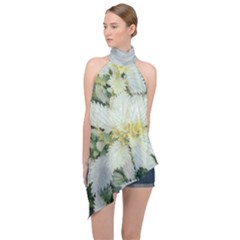 Enchanting Foliage Sharp Edged Leaves In Pale Yellow And Silver Bk Halter Asymmetric Satin Top by dflcprintsclothing