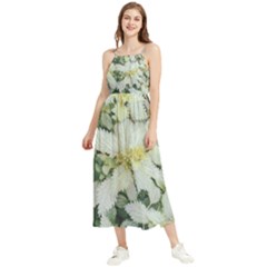 Enchanting Foliage Sharp Edged Leaves In Pale Yellow And Silver Bk Boho Sleeveless Summer Dress by dflcprintsclothing