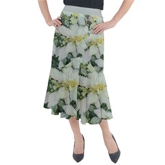 Enchanting Foliage Sharp Edged Leaves In Pale Yellow And Silver Bk Midi Mermaid Skirt by dflcprintsclothing