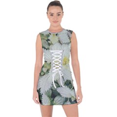 Enchanting Foliage Sharp Edged Leaves In Pale Yellow And Silver Bk Lace Up Front Bodycon Dress by dflcprintsclothing