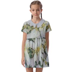 Enchanting Foliage Sharp Edged Leaves In Pale Yellow And Silver Bk Kids  Asymmetric Collar Dress by dflcprintsclothing