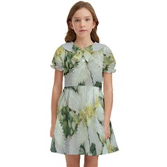 Enchanting Foliage Sharp Edged Leaves In Pale Yellow And Silver Bk Kids  Bow Tie Puff Sleeve Dress by dflcprintsclothing